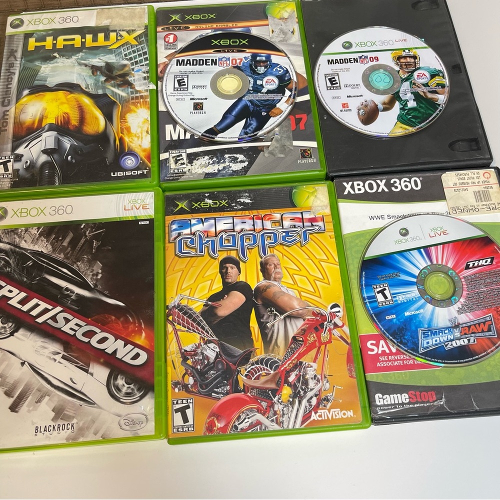 Xbox 360 Split Second, American Chopper, WWE vs Raw Madden 07, 09, HAWKX